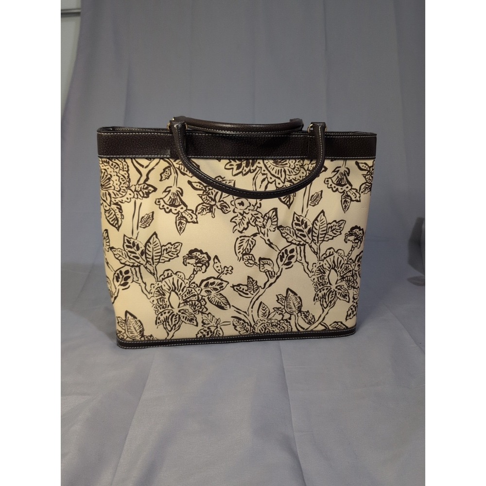Estee Lauder Floral Handbag Tote 15x12x5 Brown/Tan/Brown Faux Leather Trim
